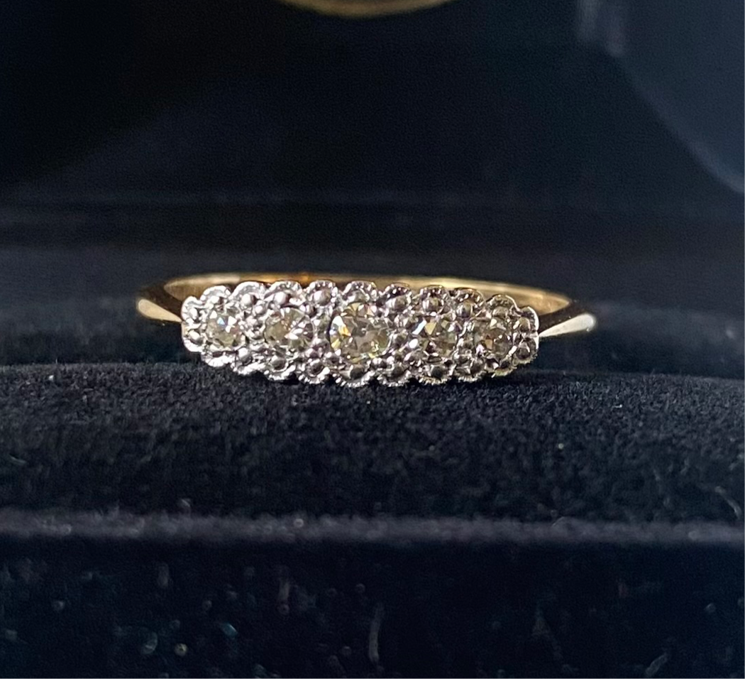 Art deco yellow gold and platinum miligrain cloud ring