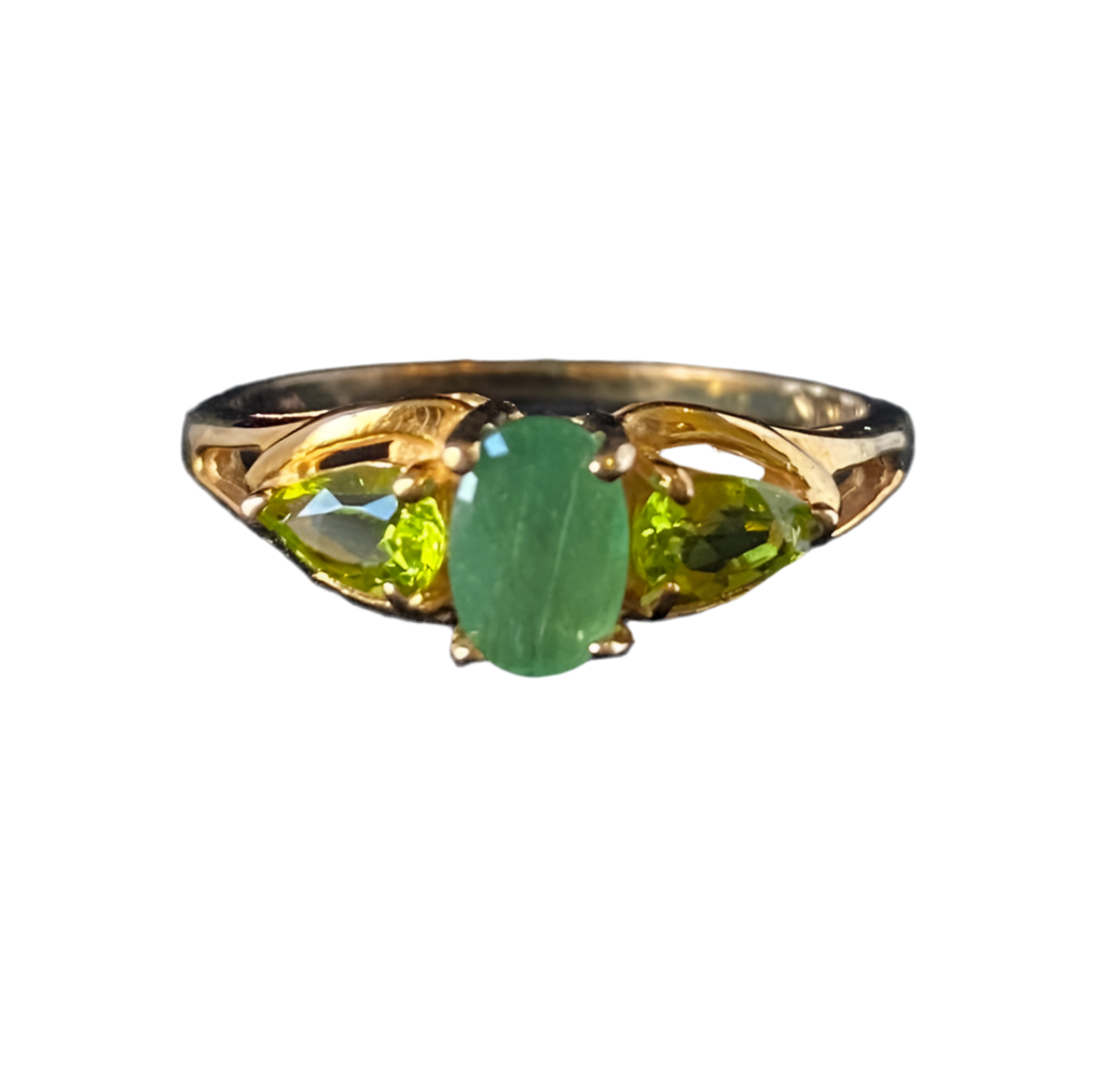 Yellow gold emerald and peridot ring