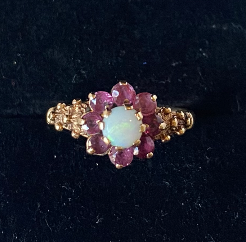 Ruby and opal flower cluster ring