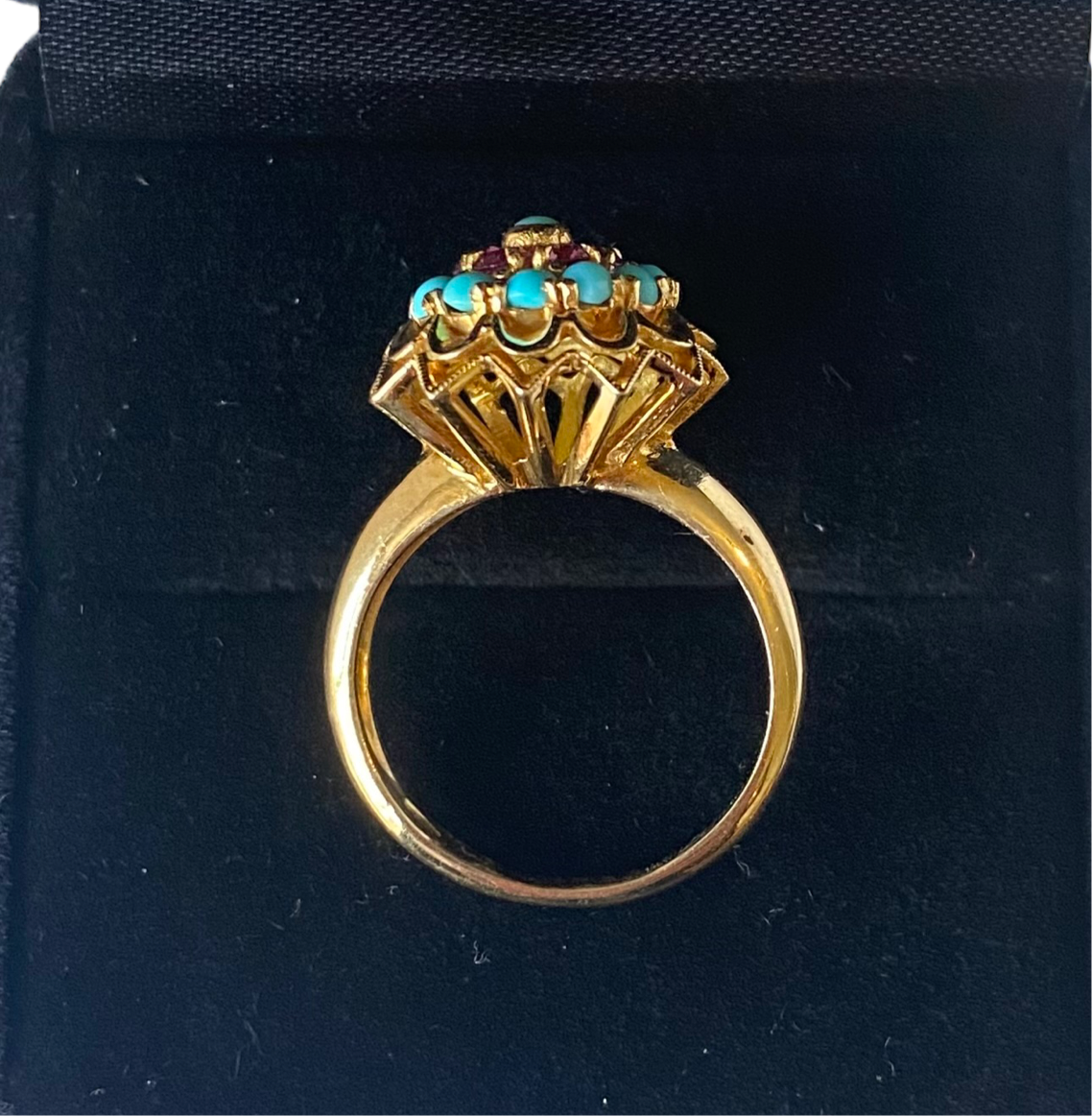 Vintage sixties cocktail ruby and turquoise yelllow gold ring