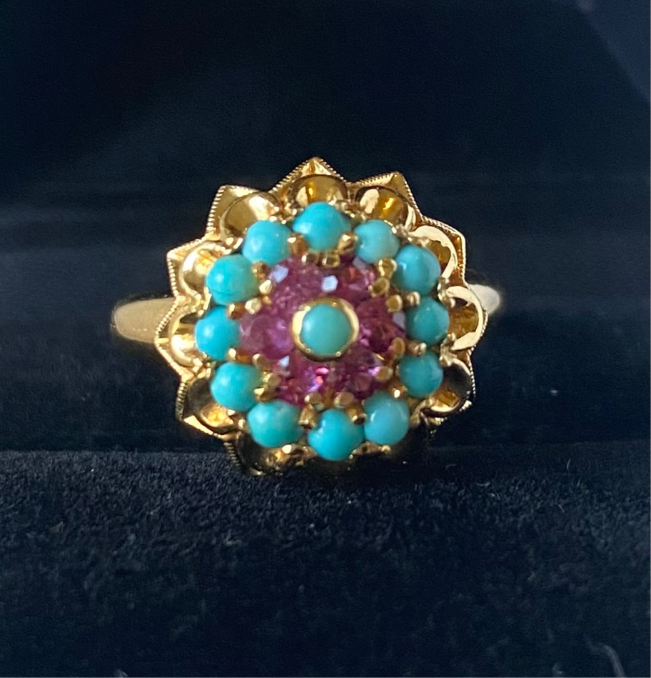 Vintage sixties cocktail ruby and turquoise yelllow gold ring