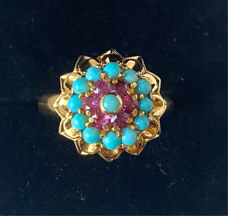 Vintage sixties cocktail ruby and turquoise yelllow gold ring