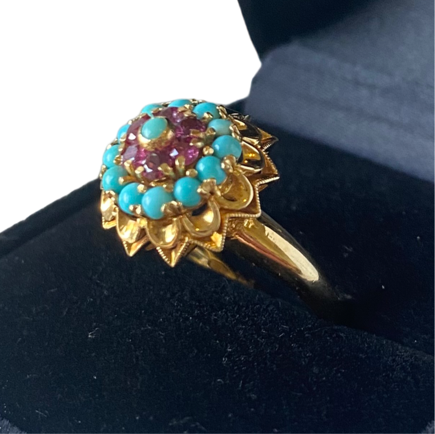 Vintage sixties cocktail ruby and turquoise yelllow gold ring