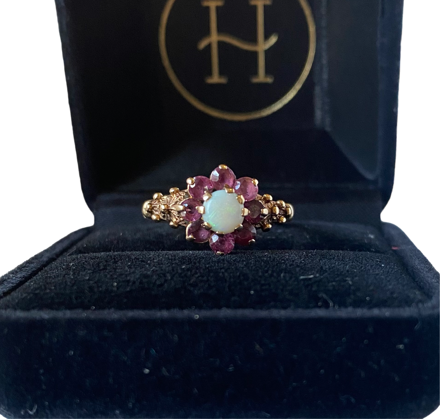 Ruby and opal flower cluster ring