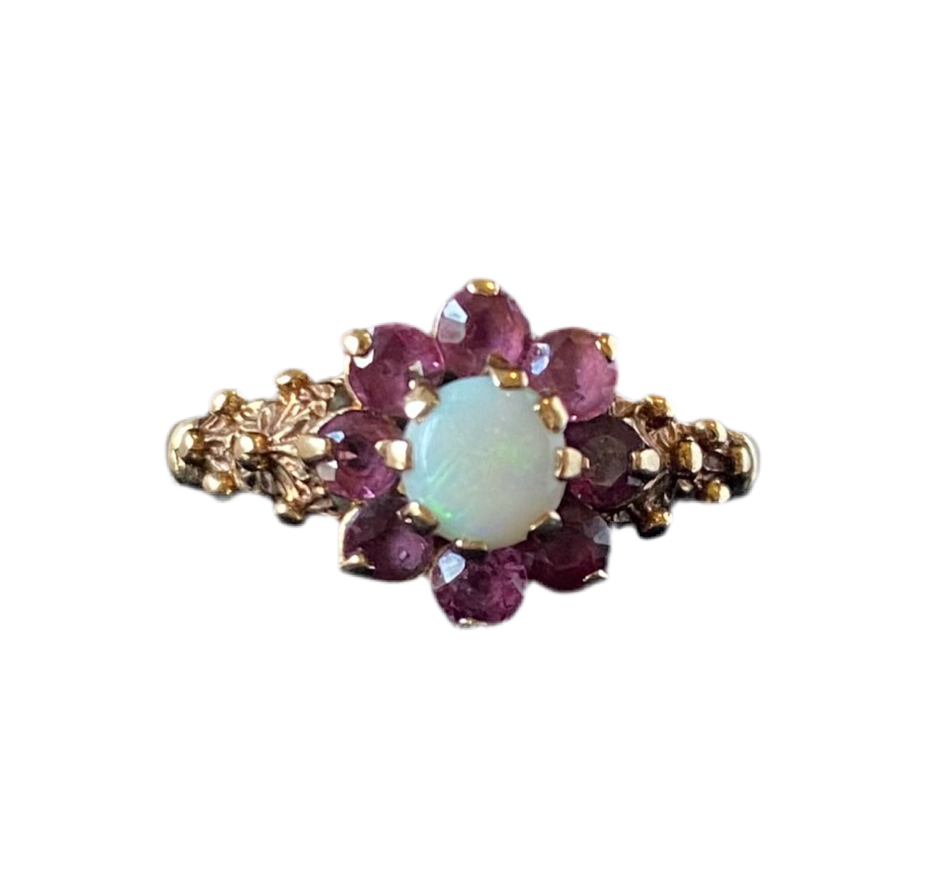 Ruby and opal flower cluster ring