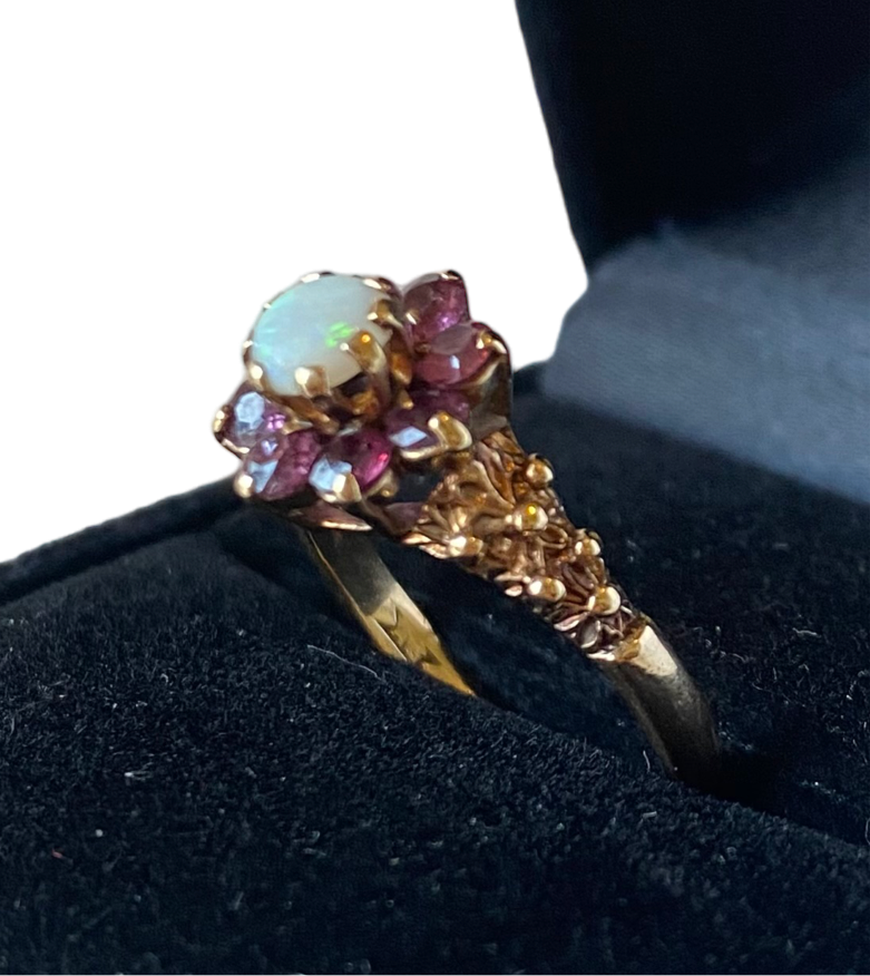 Ruby and opal flower cluster ring