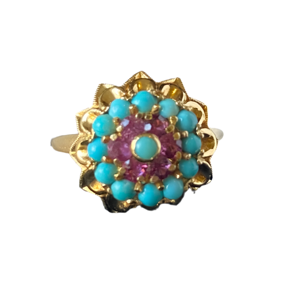 Vintage sixties cocktail ruby and turquoise yelllow gold ring