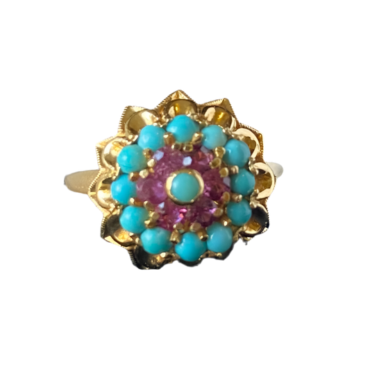 Vintage sixties cocktail ruby and turquoise yelllow gold ring