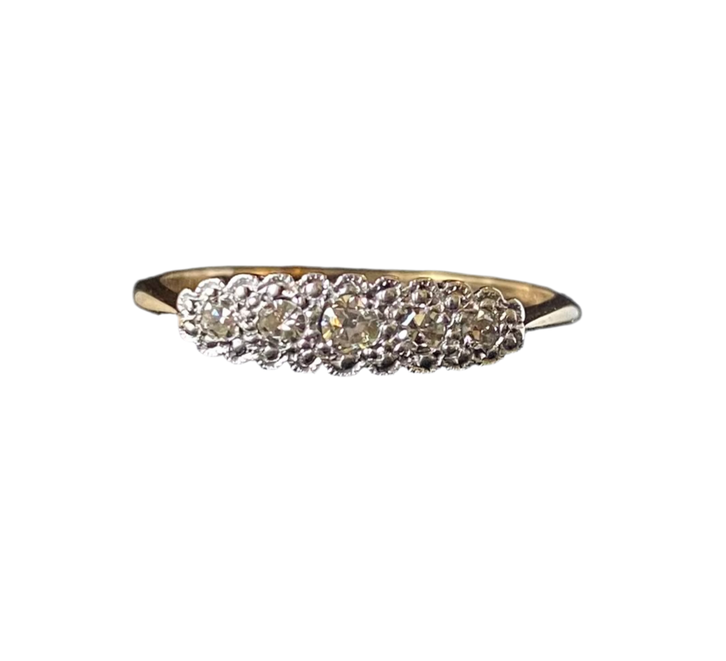 Art deco yellow gold and platinum miligrain cloud ring